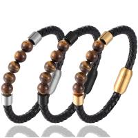 Bracelets cordon PU, cuir PU, avec Pierre naturelle & Acier inoxydable 304, bracelet tressé & pour homme, plus de couleurs à choisir, 210mm, Vendu par PC
