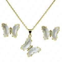 Brass Jewelry Set earring & necklace Butterfly 18K gold plated for woman & with cubic zirconia Sold By PC