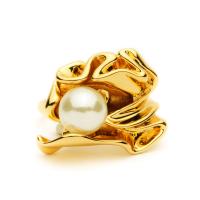 Messing Manchet Finger Ring, met Plastic Pearl, Bloem, echt goud verguld, verstelbaar & voor vrouw, Maat:6-8, Verkocht door PC