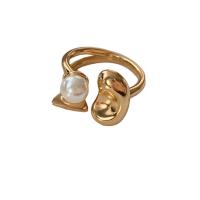 Messing Manchet Finger Ring, met Plastic Pearl, Bloem, 18K vergulde, verstelbaar & voor vrouw, Maat:6-8, Verkocht door PC