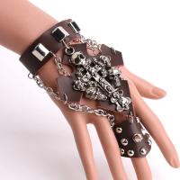 Gothic -Armband-Ring, Leder, mit Zinklegierung, Schädel, Platinfarbe platiniert, Punk-Stil & unisex & einstellbar, Kaffeefarbe, 75x43mm, Größe:10, Länge ca. 6.7-7.8 ZollInch, verkauft von PC