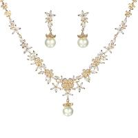 Cubic Zirconia Micro Pave Brass Jewelry Sets earring & necklace with Plastic Pearl gold color plated 2 pieces & micro pave cubic zirconia & for woman 50mm Length Approx 16 Inch Sold By Set