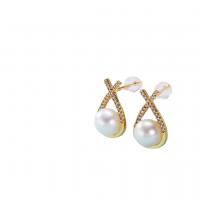 Freshwater Pearl Earrings, 925 sterling silver post pin, 14K gold plated, Natural & fashion jewelry & micro pave cubic zirconia & for woman, two different colored, 6-7mm, Sold By Pair