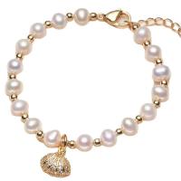Bracelet en perles de culture d'eau douce, perle d'eau douce cultivée, avec laiton, avec 4cm chaînes de rallonge, Plaqué d'or 14K, Naturel & bijoux de mode & pour femme, doré, 5-6mm, Vendu par 15 cm brin