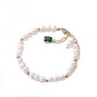 Bracelet en perles de culture d'eau douce, perle d'eau douce cultivée, avec laiton, avec 3cm chaînes de rallonge, Plaqué d'or 14K, Naturel & bijoux de mode & pour femme & avec zircone cubique, deux couleurs différentes, 6mm, Vendu par 16 cm brin