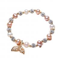 Freshwater Cultured Pearl Bracelet Freshwater Pearl with Brass 14K gold plated Natural & fashion jewelry & micro pave cubic zirconia & for woman multi-colored 6-7mm Sold By Strand