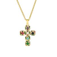 Cubic Zircon Micro Pave Brass Necklace, with 304 Stainless Steel Chain, Cross, 18K gold plated, fashion jewelry & micro pave cubic zirconia & for woman, more colors for choice, 27x19mm, Length:45 cm, Sold By PC