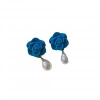 Resin Stud Earring Rose fashion jewelry & for woman & with velveteen covered Peacock Blue 15mm Sold By Pair
