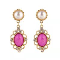Zinc Alloy Drop Earring with Plastic Pearl Teardrop gold color plated fashion jewelry & high quality plated & for woman & with rhinestone purple 45mm Sold By Pair