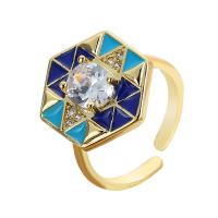 Cubic Zirconia Micro Pave Brass Ring with Cubic Zirconia Hexagon gold color plated Adjustable & for woman & enamel nickel lead & cadmium free Inner Approx 22mm Sold By PC