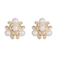 Brass Stud Earring, with Plastic Pearl, Flower, 14K gold plated, DIY & different styles for choice & enamel, more colors for choice, nickel, lead & cadmium free, 15x18mm, Sold By Pair