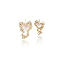 Brass Earring Stud Component, with White Shell, 14K gold plated, DIY & micro pave cubic zirconia, white, nickel, lead & cadmium free, 13x18mm,10x15mm, Sold By Pair