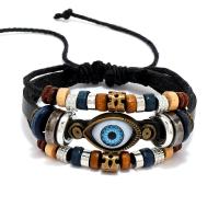 Evil Eye Jewelry Bracelet, PU Leather, with Wood & Tibetan Style, plated, multilayer & folk style & Unisex & adjustable, more colors for choice, Length:7.1 Inch, Sold By PC