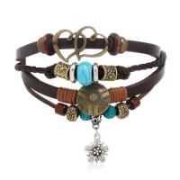 Wrap Bracelet PU Leather with turquoise & Wood & Zinc Alloy plated multilayer & folk style & Unisex dark brown Length 7.1 Inch Sold By PC
