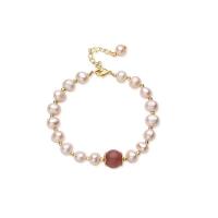 Freshwater Cultured Pearl Bracelet, Brass, with Freshwater Pearl & Strawberry Quartz, with 1.97inch extender chain, fashion jewelry & different styles for choice & for woman, golden, nickel, lead & cadmium free, Sold Per Approx 6.69 Inch Strand