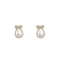 Rhinestone Earring Zinc Alloy with Plastic Pearl Bowknot high quality gold color plated fashion jewelry & for woman & with rhinestone white nickel lead & cadmium free Sold By Pair