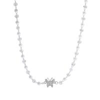 Plastic Pearl Necklace, with Titanium Steel & Crystal, with 5.5cm extender chain, Butterfly, polished, fashion jewelry & adjustable & for woman & with rhinestone, silver color, 11mm, Length:Approx 38 cm, Sold By PC