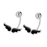 925 Sterling Silver Stud Earrings Wing Shape platinum plated for woman & epoxy gel black Sold By Pair