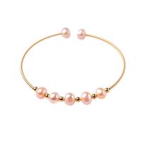 Freshwater Pearl Cuff Bangle with Brass 14K gold plated Natural & fashion jewelry & for woman two different colored 180mm Sold By PC