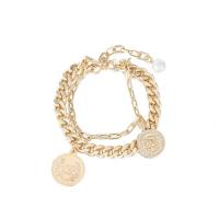 Brass Bracelet & Bangle with Plastic Pearl Flat Round 14K gold plated Double Layer & Unisex nickel lead & cadmium free 16mm Length Approx 7.5 Inch Sold By PC