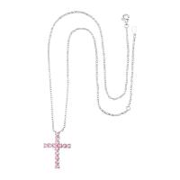 Cubic Zircon Micro Pave Brass Necklace, with 2 extender chain, Cross, silver color plated, micro pave cubic zirconia & for woman, pink, nickel, lead & cadmium free, 34x44.50mm, Length:15.7 Inch, Sold By PC