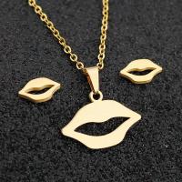 Fashion Stainless Steel Jewelry Sets, Stud Earring & necklace, 304 Stainless Steel, Lip, Vacuum Plating, 2 pieces & fashion jewelry & for woman, golden, 20*10mm,10*5mm, Length:Approx 17.72 Inch, Sold By Set