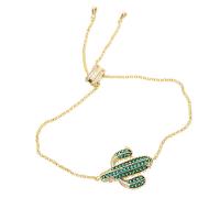Cubic Zirconia Micro Pave Brass Bracelet Opuntia Stricta gold color plated fashion jewelry & adjustable & micro pave cubic zirconia & for woman green nickel lead & cadmium free Length 24 cm Sold By PC