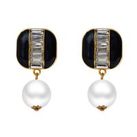 Rhinestone Earring, Tibetan Style, with Plastic Pearl, Square, gold color plated, fashion jewelry & for woman & enamel & with rhinestone, black, nickel, lead & cadmium free, 23x44mm, Sold By Pair
