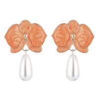 Zinklegierung Ohrringe, mit Kunststoff Perlen, Blume, goldfarben plattiert, Modeschmuck & für Frau & Emaille, keine, frei von Nickel, Blei & Kadmium, 35x49mm, verkauft von Paar