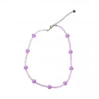 Glass Beads Necklaces, with Copper Coated Plastic, with 6cm extender chain, Heart, fashion jewelry & adjustable & for woman, purple, Length:35.5 cm, Sold By PC