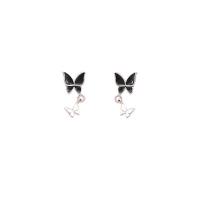 Boucles d'oreilles pendantes en laiton, papillon, Plaqué de platine, pour femme & émail, noire, 16x8mm, Vendu par paire