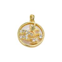 Cubic Zirconia Micro Pave Brass Pendant with White Shell Flat Round real gold plated Unisex & micro pave cubic zirconia white nickel lead & cadmium free Sold By PC