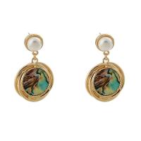 Shell Earrings Zinc Alloy with Abalone Shell & Plastic Pearl Flat Round KC gold color plated fashion jewelry & for woman golden nickel lead & cadmium free Sold By Pair