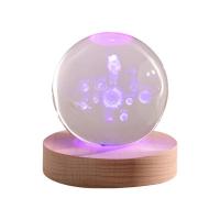 Night Led Light Beside 3D Lamp  Clear Quartz with Wood Round lightening & 3D effect 60mm 70mm Sold By PC