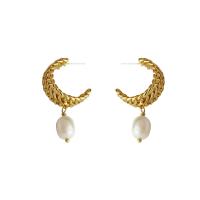 Freshwater Pearl Earrings Brass with Freshwater Pearl Letter C 18K gold plated fashion jewelry & for woman & hollow golden nickel lead & cadmium free 40mm Sold By Pair