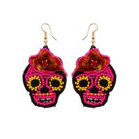 Seedbead Drop Earring, with Sequins & Crystal & Brass, Skull, handmade, Halloween Design & for woman, rose carmine, 36x65mm, Sold By Pair