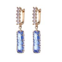 Brass Drop Earring with Cubic Zirconia Rectangle gold color plated for woman & faceted blue nickel lead & cadmium free Sold By Pair