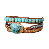 Gemstone Bracelets, Impression Jasper, with PU Leather Cord & Tibetan Style, gold color plated, multilayer & Unisex, blue, Length:21.3 Inch, Sold By PC