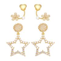 Cubic Zirconia Micro Pave Brass Earring, with Plastic Pearl, 18K gold plated, different styles for choice & micro pave cubic zirconia & for woman, golden, nickel, lead & cadmium free, Sold By Pair