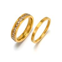 Couple Finger Rings, 304 Stainless Steel, 2 pieces & Unisex & different size for choice & with rhinestone, golden, Sold By Pair