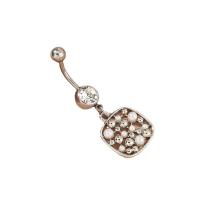 Stainless Steel Belly Ring, 304 Stainless Steel, with Plastic Pearl, Square, fashion jewelry & for woman & with rhinestone, platinum color, 15x45mm, Sold By PC
