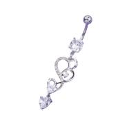 Stainless Steel Belly Ring, 304 Stainless Steel, with Brass, Heart, platinum color plated, fashion jewelry & micro pave cubic zirconia & for woman, platinum color, 12x57mm, Sold By PC