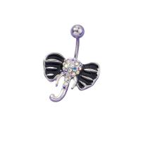 Stainless Steel Belly Ring, 304 Stainless Steel, Elephant, platinum color plated, fashion jewelry & micro pave cubic zirconia & for woman & enamel, black, 21x27mm, Sold By PC