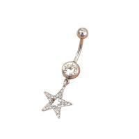 Stainless Steel Belly Ring, 304 Stainless Steel, Star, fashion jewelry & for woman & with rhinestone, platinum color, 13x40mm, Sold By PC
