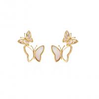 Cubic Zirconia Micro Pave Brass Earring, with Shell, Butterfly, gold color plated, micro pave cubic zirconia & for woman, 16x25mm, Sold By Pair