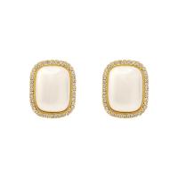 Cubic Zirconia Micro Pave Brass Earring with Plastic Pearl Rectangle gold color plated micro pave cubic zirconia & for woman Sold By Pair