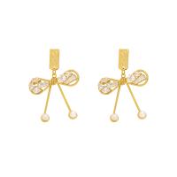 Cubic Zirconia Micro Pave Brass Earring with Plastic Pearl Bowknot gold color plated micro pave cubic zirconia & for woman Sold By Pair