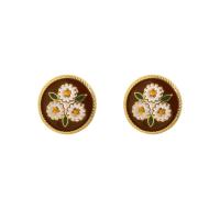 Brass Stud Earring Flat Round gold color plated for woman & enamel wine red color Sold By Pair