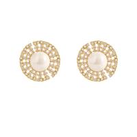Brass Stud Earring, with Plastic Pearl, gold color plated, micro pave cubic zirconia & for woman, more colors for choice, 22x22mm, Sold By Pair