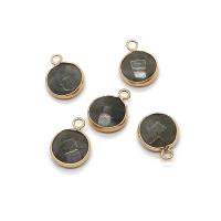 Biżuteria wisiorki kamienie, Labradoryt, ze Mosiądz, Płaskie koło, Platerowane w kolorze złota, dla obu płci & fasetowany, szary, 13x17mm, sprzedane przez PC